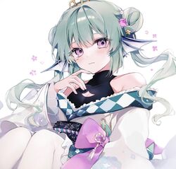  bare_shoulders breasts cleavage closed_mouth clothing_cutout double_bun dress female finana_ryugu finana_ryugu_(2nd_costume) flower green_hair hair_bun hair_flower hair_ornament knees_up looking_at_viewer n4o_b nijisanji nijisanji_en pantyhose purple_eyes sash simple_background solo star_(symbol) virtual_youtuber white_background white_dress white_pantyhose 