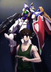  1boy brown_hair green_eyes green_tank_top gun gundam gundam_wing hair_between_eyes heero_yuy highres holding holding_gun holding_weapon looking_at_viewer looking_up male_focus mecha mechanical_wings mobile_suit nori_(arara105) open_hand robot science_fiction shield tank_top trigger_discipline v-fin weapon wing_gundam wings 