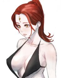  black_slingshot_swimsuit breasts brown_eyes cleavage collarbone expressionless female hair_behind_ear highres looking_ahead medium_breasts nori_(arara105) original ponytail red_hair slingshot_swimsuit solo swimsuit third_eye upper_body white_background 