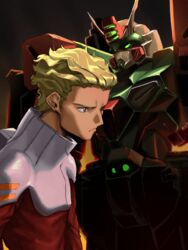  1boy bad_id bad_pixiv_id black_background blonde_hair brown_eyes buster_gundam dark-skinned_male dark_skin dearka_elsman frown green_eyes gundam gundam_seed hair_behind_ear highres male_focus mecha normal_suit orrdriver pilot_suit robot science_fiction v-fin v-shaped_eyebrows 