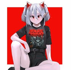  1boy abominable_putridity band_shirt belt black_legwear black_shorts breasts english_commentary eve_(kumaartsu) female grey_hair hair_between_eyes heavy_metal horns kumaartsu looking_at_viewer merchandise original pale_skin pointy_ears print_shirt red_horns shirt short_hair short_twintails shorts sitting small_breasts socks spread_legs t-shirt twintails 