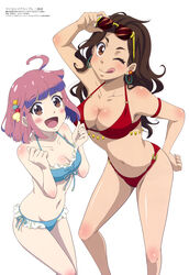  2girls :d ;p absurdres adjusting_eyewear ahoge bare_shoulders bikini blue_bikini breasts brown_eyes brown_hair cleavage collarbone eyewear_on_head frilled_bikini frills glasses halterneck hand_on_eyewear hand_on_own_hip highres long_hair looking_at_viewer medium_breasts medium_hair megami_magazine multiple_girls navel official_art one_eye_closed open_mouth pink_hair red_bikini scan side-tie_bikini_bottom simple_background small_breasts smile standing string_bikini sunglasses swimsuit tongue tongue_out toyokawa_himeno white_background ximena_valdez yakunara_mug_cup_mo 