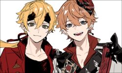  2boys bad_id bad_twitter_id blonde_hair blue_eyes closed_mouth ear_piercing earrings fake_horns genshin_impact green_eyes hair_between_eyes headband horned_headwear horns jacket jewelry long_hair looking_at_viewer male_focus mask mask_on_head mikoccccchan multiple_boys open_mouth orange_hair piercing ponytail red_mask red_scarf scarf simple_background single_earring tartaglia_(genshin_impact) thoma_(genshin_impact) watermark white_background 