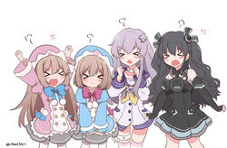  &gt;_&lt; 4girls angry bare_shoulders black_hair blush bow brown_hair closed_eyes commentary_request cowboy_shot d-pad d-pad_hair_ornament dress elbow_gloves fingerless_gloves gloves hair_between_eyes hair_ornament hair_ribbon haruna_(citrus_love_i) hat highres long_hair long_sleeves multiple_girls nepgear neptune_(series) open_mouth purple_hair ram_(neptunia) ribbon rom_(neptunia) short_hair siblings simple_background sisters striped_clothes striped_thighhighs thighhighs twins twitter_username uni_(neptunia) white_background 