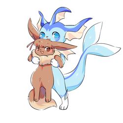  1:1 3_fingers 3_toes aishasoup ambiguous_gender anthro being_held blue_body blue_eyes brown_body brown_eyes brown_fur duo eevee eeveelution feet fin fingers fur generation_1_pokemon hi_res nintendo pokemon pokemon_(species) ribbons ruka_vaporeon simple_background squish_vaporeon tail toes vaporeon white_background 