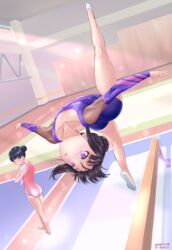  2020 2girls absurdres ass athletic_leotard backflip balance_beam black_hair blue_eyes breasts commentary_request dated from_behind full_body gym gymnastics hair_bun half-soles highres himenogi_rinze himeragi_rinze indoors jumping leaning_back leg_up legs leotard long_hair looking_back love_r midair multiple_girls open_mouth outstretched_arms outstretched_leg pink_leotard purple_eyes purple_leotard reco_love reco_love_gold_beach rhythmic_gymnastics shoes single_hair_bun small_breasts soles somersault suika_blue thighs towel white_footwear wiping_face 