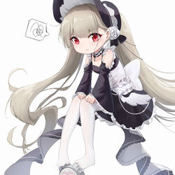  :t alarm_clock azur_lane black_dress black_headwear bonnet chinese_commentary clock closed_mouth clothing_cutout commentary_request dress female flower frilled_dress frilled_sleeves frills full_body hair_flower hair_ornament highres kafeifeifeifeifeifei_jiemo_jun light_brown_hair little_formidable_(azur_lane) long_hair long_sleeves no_shoes pantyhose red_eyes shoulder_cutout simple_background sitting solo speech_bubble spoken_squiggle squiggle toes twintails very_long_hair white_background white_pantyhose wide_sleeves 