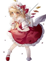  :o ascot back_bow blonde_hair blurry blush bobby_socks bow breasts commentary crystal female finger_to_mouth flandre_scarlet foot_out_of_frame frilled_shirt_collar frilled_skirt frills hat hat_bow hat_ribbon highres leaning_forward looking_at_viewer mary_janes medium_hair mob_cap multicolored_wings one_side_up petticoat pointy_ears puffy_short_sleeves puffy_sleeves red_bow red_eyes red_footwear red_ribbon red_skirt red_vest ribbon shirt shoes short_sleeves simple_background skirt skirt_set small_breasts socks solo sorani_(kaeru0768) touhou vest white_background white_bow white_hat white_shirt white_socks wings wrist_cuffs yellow_ascot 