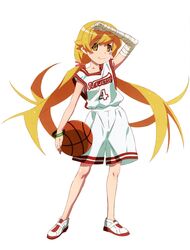  absurdres alternate_hairstyle arm_up ball bandaged_arm bandages basket basketball basketball_(object) basketball_jersey basketball_uniform blonde_hair blush_stickers bracelet collarbone cosplay female full_body green_bracelet hair_ribbon highres holding holding_ball jewelry kanbaru_suruga kanbaru_suruga_(cosplay) legs_apart long_hair looking_at_viewer low_twintails monogatari_(series) non-web_source official_art oshino_shinobu pink_ribbon ribbon scan shading_eyes shirt shoes shorts simple_background sleeveless smile sneakers solo sportswear standing tachi-e twintails very_long_hair watanabe_akio wavy_mouth white_background white_footwear white_shirt white_shorts yellow_eyes 