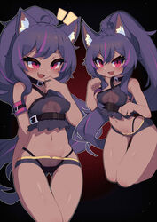  :3 :d ahoge animal_ear_fluff animal_ears ass_visible_through_thighs bare_arms bare_shoulders big_hair black_choker black_panties blush borrowed_character breasts breasts_apart brown_kemomimi-chan_(krr) choker cleavage_cutout clothing_cutout collar commentary commission cowboy_shot crotch_seam dungeon_and_fighter female frills groin groin_tendon hair_between_eyes hands_up highres kneeling kotoba_(1074421015) linea_alba long_hair looking_at_viewer medium_breasts midriff multicolored_hair multiple_views navel notice_lines oerba_yun_fang open_mouth original outline paid_reward_available panties paw_pose pink_eyes ponytail purple_hair short_hair sidelocks simple_background skin_fang slit_pupils smile standing stomach streaked_hair thigh_gap thighs tongue two-tone_hair underboob underwear very_long_hair white_outline 