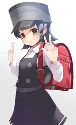  arare_(kancolle) arare_kai_ni_(kancolle) backpack bag belt black_dress blush brown_eyes closed_mouth double_v dress female gradient_background grey_hair hat kantai_collection long_sleeves mofu_namako pinafore_dress randoseru shirt short_hair simple_background sleeveless sleeveless_dress solo v white_shirt 