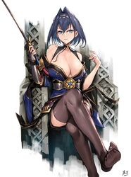  absurdres alternate_costume bare_shoulders black_thighhighs blue_eyes blue_hair breasts chain_headband chains cleavage commentary commentary_request crossed_legs dress feet female gauntlets hair_intakes heart-shaped_gem highres holding holding_sword holding_weapon hololive hololive_english keisuke_desu~ large_breasts looking_at_viewer ouro_kronii short_hair signature single_gauntlet sitting smile solo sword thighhighs throne toes virtual_youtuber weapon 