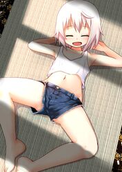  arms_behind_head bare_shoulders blush denim denim_shorts female flat_chest highres kantai_collection lying nassukun navel on_back open_mouth shimushu_(kancolle) short_hair shorts solo tank_top white_hair white_tank_top 