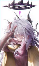  1boy ^_^ ^o^ absurdres ahoge blue_archive cardigan cardigan_on_shoulders closed_eyes comforting commentary_request crying demon_girl demon_horns female hair_between_eyes halo headpat highres hina_(blue_archive) hina_(pajamas)_(blue_archive) horns hwan_(user_cvmy2758) jacket jacket_on_shoulders long_hair long_sleeves looking_at_viewer open_cardigan open_clothes out_of_frame pajamas parted_bangs pink_pajamas pov sensei_(blue_archive) sidelocks simple_background streaming_tears tears white_background white_hair yellow_cardigan 