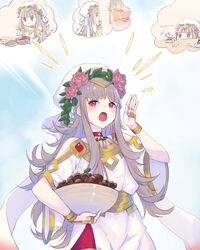  ... alternate_costume bare_shoulders blush bow candy chibi chocolate chocolate_making choker closed_mouth commentary cooking dress english_commentary female fire_emblem fire_emblem_heroes flower food gold_trim grey_hair hair_flower hair_ornament hat heart heart-shaped_chocolate highres holding holding_food jewelry leaf_hair_ornament long_hair official_alternate_costume open_mouth pink_flower pink_rose red_choker red_eyes ritence rose solo twitter_username valentine veronica_(fire_emblem) veronica_(valentine)_(fire_emblem) white_bow white_dress white_flower white_hat wide_sleeves 