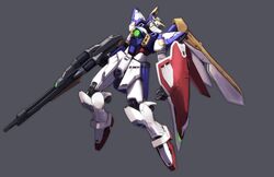  green_eyes grey_background gun gundam gundam_wing highres holding holding_gun holding_weapon looking_up mecha mechanical_wings no_humans nori_(arara105) open_hand robot science_fiction shield solo v-fin weapon wing_gundam wings 