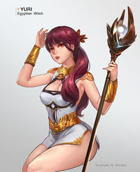  ankh ankh_earrings armor armored_dress armpit_crease armpits artist_name belt bracer breasts center_opening character_name cleavage cleavage_cutout clothing_cutout commentary commentary_typo covered_nipples dress earrings english_commentary feet_out_of_frame female gold_armor gold_trim gorget gradient_background hair_ornament hand_on_own_head high_belt jewelry long_hair looking_away magic microdress original parted_lips photoshop_(medium) pinky_out red_eyes red_hair revealing_clothes shoulder_armor side_slit sleeveless sleeveless_dress solo staff swept_bangs teeth thighs trung_nguyen_(windboi) twintails upper_teeth_only white_background white_dress 