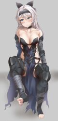  absurdres an-94_(girls&#039;_frontline) armor armored_dress bare_shoulders black_choker black_dress black_gloves black_thighhighs blue_eyes breasts choker cleavage collarbone cosplay dress feet female full_body girls&#039;_frontline gloves hair_ribbon hand_on_own_thigh head_tilt highres long_hair looking_to_the_side medium_breasts no_bra no_panties pelvic_curtain pharamacom ribbon sitting soles solo thighhighs toeless_legwear toes tokarev_(girls&#039;_frontline) tokarev_(girls&#039;_frontline)_(cosplay) tokarev_(griffin&#039;s_dancer)_(girls&#039;_frontline) white_hair 