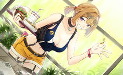  belt bracelet breasts brown_hair burger cleavage collarbone crop_top cup disposable_cup drinking_straw eyewear_on_head female food french_fries girls&#039;_frontline glasses grin grizzly_mkv_(girls&#039;_frontline) grizzly_mkv_(weekend_cop)_(girls&#039;_frontline) gun handgun highres holding holding_tray jewelry large_breasts looking_at_viewer midriff navel official_alternate_costume purple_eyes shorts smile solo tarutaru_gungun tray weapon yellow_shorts 