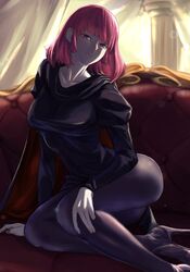  black_sweater breasts collarbone column couch female gundam hair_behind_ear haman_karn head_tilt highres juliet_sleeves long_sleeves looking_at_viewer medium_breasts nori_(arara105) parted_lips pillar pink_hair puffy_sleeves purple_eyes short_hair sitting solo sweater zeta_gundam 