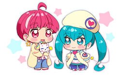  2girls antennae aqua_eyes aqua_hair chibi earrings eru fuwa_(precure) gold_earrings hagoromo_lala heart hoshina_hikaru jewelry multiple_girls pantyhose pink_eyes pink_hair pointy_ears precure short_hair star_(symbol) star_earrings star_in_eye star_twinkle_precure symbol_in_eye twintails 