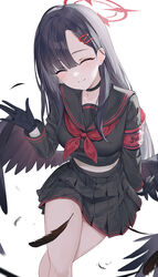  armband black_choker black_gloves black_hair black_sailor_collar black_serafuku black_shirt black_skirt black_wings blue_archive choker closed_eyes closed_mouth commentary_request crossed_legs facing_viewer feathered_wings feathers female gloves hair_ornament hairclip halo hand_up highres ichika_(blue_archive) light_blush long_hair long_sleeves low_wings nakashima_(pluscolor) neckerchief pleated_skirt red_armband red_halo red_neckerchief safety_pin sailor_collar school_uniform serafuku shedding shedding_feathers shirt simple_background skirt smile solo white_background wings 