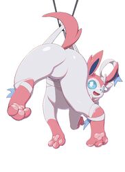  2023 ambiguous_gender ass blue_eyes bound eeveelution featureless_crotch feral fur generation_6_pokemon hi_res nintendo open_mouth open_smile pata pawpads paws pink_body pink_fur pokemon pokemon_(species) rear_view simple_background smile solo sylveon white_background white_body white_fur 