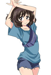  akiyama_yukari arms_up blue_shirt blue_shorts brown_eyes brown_hair casual closed_mouth commentary cowboy_shot cutoffs fanny_pack female girls_und_panzer highres light_blush looking_at_viewer messy_hair own_hands_together shirt short_hair short_shorts short_sleeves shorts simple_background smile solo standing t-shirt wakku_kan white_background 