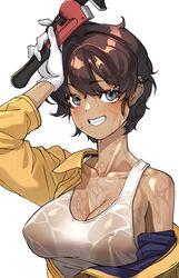  absolutemabbak adjustable_wrench black_eyes blush breasts brown_hair female girls_und_panzer gloves highres jumpsuit large_breasts looking_at_viewer off_shoulder simple_background smile solo suzuki_(girls_und_panzer) sweat tan white_background white_gloves wrench yellow_jumpsuit 