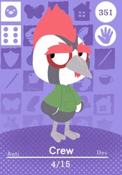  2_toes amiibo_card animal_crossing anthro avian beak bird birthday black_body black_eyes black_feathers bottomless card card_template clothed clothing crew_(anti_dev) english_text eyebrows feathers feet green_clothing green_hoodie green_topwear grey_beak hi_res hoodie hoodie_only lineless male mospy_(artist) nintendo picid pileated_woodpecker red_feather_hair solo style_emulation text thick_eyebrows toes topwear topwear_only white_body white_feathers woodpecker 