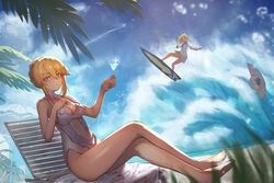  2girls :d aito artoria_pendragon_(fate) artoria_pendragon_(swimsuit_ruler)_(fate) artoria_pendragon_(swimsuit_ruler)_(second_ascension)_(fate) barefoot beach bikini blonde_hair breasts closed_mouth cocktail_glass couch cup drinking_glass fate/grand_order fate_(series) feet full_body hair_between_eyes hair_ornament hair_scrunchie hat highres large_breasts mordred_(fate) mordred_(swimsuit_rider)_(fate) mordred_(swimsuit_rider)_(second_ascension)_(fate) multiple_girls ocean orange_hair outdoors scrunchie smile surfboard surfing swimsuit towel white_bikini yellow_eyes 