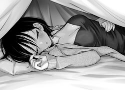  bed_sheet blush breasts camisole cleavage closed_eyes commentary dojirou eyelashes female greyscale hair_between_eyes highres jacket lifting_covers long_sleeves looking_at_viewer lying medium_breasts monochrome on_side open_clothes open_jacket original parted_lips short_hair sleeping sleeves_past_wrists solo spaghetti_strap under_covers upper_body 