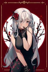  bare_arms bare_shoulders black_dress black_gloves blush breasts china_dress chinese_clothes commentary contrapposto cowboy_shot dress female floral_print flower gloves hair_flower hair_ornament hair_over_one_eye hand_to_own_mouth hand_up lace lace-trimmed_gloves lace_gloves lace_trim large_breasts long_hair looking_at_viewer original red_background red_flower red_rose rose sleeveless sleeveless_dress smile solo symbol-only_commentary ttosom very_long_hair white_background white_hair 