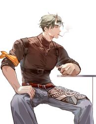  1boy arknights brown_shirt bulge cigarette clouble denim erection erection_under_clothes genderswap_(ftm) green_hair horns hoshiguma_(arknights) hoshiguma_(ronin_huntress)_(arknights) jeans male_focus oni pants rule_63 scar scar_on_cheek scar_on_face shirt short_hair single_horn sitting smoke 