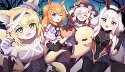  4girls :d ;) ;p ^_^ ^o^ absurdres ahoge alternate_costume animal_ears arknights azur_lane bandaged_head bandages basket black_gloves black_legwear blonde_hair blunt_bangs brown_eyes candy closed_eyes collarbone commentary cookie crossover detached_sleeves fake_animal_ears fishnet_fabric flareza food fox_ears fox_girl fox_tail genshin_impact ghost ghost_pose gloves green_eyes hair_between_eyes hair_ornament hairband hairclip halloween hat highres holding holding_basket horse_ears horse_girl kitsune klee_(genshin_impact) kyuubi light_brown_hair long_hair long_sleeves looking_at_viewer low_twintails mayano_top_gun_(umamusume) multiple_crossover multiple_girls multiple_tails one_eye_closed orange_hair outstretched_arms pantyhose pointy_ears puffy_long_sleeves puffy_sleeves rabbit_ears shimakaze_(azur_lane) short_sleeves sidelocks smile spread_arms suzuran_(arknights) tail thick_eyebrows tongue tongue_out twintails two_side_up umamusume white_hair witch_hat 