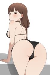  absurdres anus anus_peek ass back backboob bikini black_bikini breasts brown_eyes closed_mouth coro_fae female from_behind highres iino_miko kaguya-sama_wa_kokurasetai_~tensai-tachi_no_renai_zunousen~ leaning_forward long_hair looking_at_viewer looking_back medium_breasts solo strap_gap swimsuit thighs 