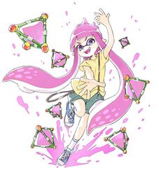  arm_up bad_id bad_twitter_id blue_footwear bomb_rush_(splatoon) comamawa fangs female full_body grey_shorts hand_up ink inkling inkling_girl inkling_player_character long_hair looking_at_viewer open_mouth pink_hair pointy_ears purple_eyes reaching reaching_towards_viewer running running_towards_viewer shirt shoes short_sleeves shorts simple_background smile solo splat_bomb_(splatoon) splatoon_(series) standing standing_on_one_leg tentacle_hair throwing very_long_hair white_background yellow_shirt 