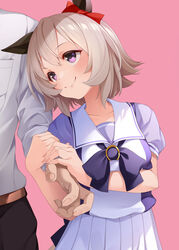  1boy animal_ears blush closed_mouth curren_chan_(umamusume) female fingernails grey_hair hair_between_eyes highres horse_ears horse_girl mofu_namako pink_background pleated_skirt puffy_short_sleeves puffy_sleeves purple_eyes school_uniform short_hair short_sleeves simple_background skirt smile tracen_school_uniform trainer_(umamusume) umamusume white_skirt 