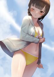  absurdres bare_legs bikini blunt_bangs blush braid brown_eyes brown_hair closed_mouth collarbone cowboy_shot female highres honmakaina_kudou hood hooded_jacket jacket kantai_collection long_hair long_sleeves navel one_eye_closed open_clothes open_jacket solo swimsuit twin_braids un&#039;you_(kancolle) white_jacket yawata_maru_(kancolle) yellow_bikini 