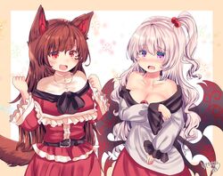  2girls animal_ears bare_shoulders blush breasts brooch brown_hair cleavage cosplay costume_switch dress highres imaizumi_kagerou imaizumi_kagerou_(cosplay) jewelry kemo_chiharu long_hair long_sleeves multiple_girls off-shoulder_dress off_shoulder open_mouth red_eyes shinki_(touhou) shinki_(touhou)_(cosplay) tail touhou touhou_(pc-98) wolf_ears wolf_tail 