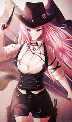  absurdres belt black_belt black_choker black_hat black_jacket black_shorts breasts chaps choker cleavage collared_shirt cowboy cowboy_hat cowboy_western female gun hat highres holding holding_clothes holding_gun holding_jacket holding_weapon hololive hololive_english holster jacket kaiju_ryoku long_hair looking_at_viewer low-cut mori_calliope mori_calliope_(sheriff) pink_hair red_eyes shirt short_shorts shorts solo virtual_youtuber weapon white_shirt 