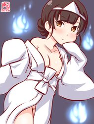  alternate_costume artist_logo blunt_bangs braid breasts brown_eyes brown_hair cleavage commentary_request cowboy_shot dated double_bun female ghost grey_background hair_bun hitodama japanese_clothes kanon_(kurogane_knights) kantai_collection kimono long_hair looking_at_viewer no_panties one-hour_drawing_challenge shiroshouzoku simple_background solo tareme triangular_headpiece twin_braids un&#039;you_(kancolle) white_kimono yawata_maru_(kancolle) 