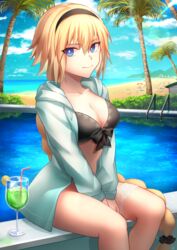  bikini black_bikini blonde_hair blue_eyes blue_jacket braid braided_ponytail breasts cleavage collarbone cup drinking_glass fate/grand_order fate_(series) female hairband highres hood hooded_jacket jacket jeanne_d&#039;arc_(fate) jeanne_d&#039;arc_(swimsuit_archer)_(fate) jeanne_d&#039;arc_(swimsuit_archer)_(first_ascension)_(fate) kaze_minoru_so-ru large_breasts long_hair long_sleeves looking_at_viewer outdoors pool poolside sitting smile solo swimsuit thighs very_long_hair water 