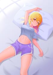  arm_up blonde_hair breasts commentary commission dolphin_shorts female highres lying maribel_hearn medium_breasts medium_hair midriff navel off_shoulder on_back on_bed pillow purple_shorts recare shirt shorts solo t-shirt touhou yellow_eyes 