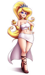  apple black_footwear blonde_hair blue_eyes bracelet breasts choker cleavage closed_mouth eris_(grim_adventures) eyeliner female food fruit full_body hand_on_own_hip high_heels holding holding_food holding_fruit jewelry lipstick long_hair looking_at_viewer makeup mazume navel shirt simple_background single-shoulder_shirt single_strap skirt sleeveless sleeveless_shirt smile solo standing the_grim_adventures_of_billy_&amp;_mandy thighs tiara wavy_hair white_background white_shirt white_skirt 