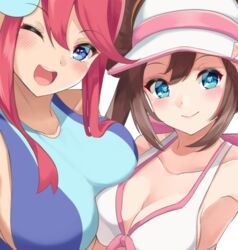  2girls :d bare_shoulders bikini blue_eyes blush breast_press breasts brown_hair cleavage closed_mouth collarbone double_bun eyelashes hair_between_eyes hair_bun hair_ornament hat igayan large_breasts long_hair looking_at_viewer medium_breasts multiple_girls one_eye_closed open_mouth pink_hair pokemon pokemon_bw pokemon_bw2 red_hair rosa_(pokemon) sidelocks simple_background skyla_(pokemon) sleeveless smile swimsuit tongue twintails upper_body visor_cap white_background white_headwear 