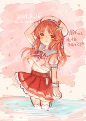  blue_sailor_collar brown_eyes brown_hair cowboy_shot dated female gloves happy_birthday hat hip_vent kantai_collection long_hair looking_at_viewer one-hour_drawing_challenge one_side_up pleated_skirt puffy_short_sleeves puffy_sleeves red_skirt sailor_collar sailor_hat sailor_shirt shirt short_sleeves skirt solo standing thighhighs twitter_username wading wavy_hair white_gloves white_hat white_shirt white_thighhighs wss_(nicoseiga19993411) yashiro_(kancolle) 