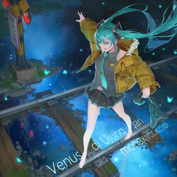  aqua_eyes aqua_hair aqua_necktie baraba_baba barefoot boots coat commentary cytus female fur-trimmed_coat fur-trimmed_hood fur_trim grey_vest hair_between_eyes hatsune_miku holding holding_boots holding_clothes holding_footwear hood hooded_coat long_hair necktie outstretched_arm outstretched_arms photoshop_(medium) railroad_crossing railroad_tracks reflection solo star_(sky) twintails vest vocaloid yellow_coat 