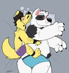  2020 anthro bear belly black_body black_fur blush canid canine canis closed_eyes clothing cuddling domestic_dog duo fur giant_panda hug hugging_another hugging_from_behind hybrid male male/male mammal overweight overweight_male thepandobo underwear white_body white_fur wolf 