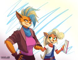  2020 5_fingers activision anthro bandana bandicoot biped black_nose blonde_hair blue_bandanna blue_kerchief calesote514 clothed clothing coco_bandicoot crash_(series) duo eyelashes eyewear eyewear_on_head female fingerless_gloves fingers fur gloves goggles goggles_on_head green_eyes hair half-length_portrait handwear hi_res kerchief looking_at_another mammal marsupial neckerchief orange_body orange_fur pirate_tawna portrait simple_background size_difference white_background 